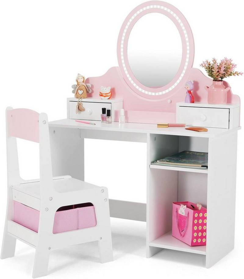 JOYLDIAS Schminktisch 2 in 1 Schminktisch Kinder mit Hocker und LED-Spiegel (1-St), Prinzessin Frisiertisch Schreibtisch mit Schublade, Regal und Körbchen von JOYLDIAS