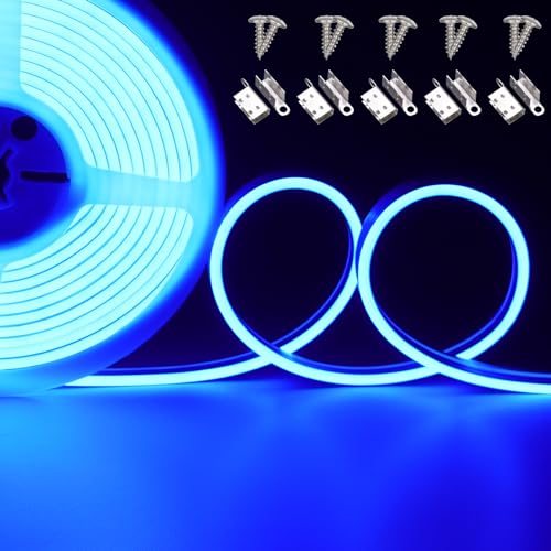 JOYLIT 24V Neon LED Strip 5M Blau IP67 Wasserdicht, 4 x 10MM Schlank Seitenansicht Licht Band 840LEDs 12W/M, Dimmbar Lichtband für Schlafzimmer, Wanddekoration (Nur LED Streifen) von JOYLIT