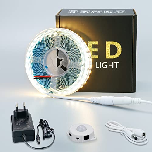 JOYLIT 5M LED Streifen Licht mit Bewegungsmelder Warmweiß 3000K-3500K, 600LEDs SMD 2835 LED Strip, 12V Flexibel DIY LED Band IP33 LED Lichtband für Innen Küche Dekoration von JOYLIT