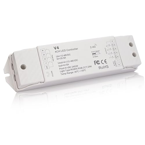 JOYLIT LED Streifen Controller 12-48V 4 Polig 5A/CH 4 in 1, 2.4G PWM Dimmbarer Farbwechsel RGB RGBW CCT Einfarbig Licht Strip Controller, Kompatibel mit V1 V2 V3 VP T1 T2 T3 T4 (Ohne Fernbedienung) von JOYLIT