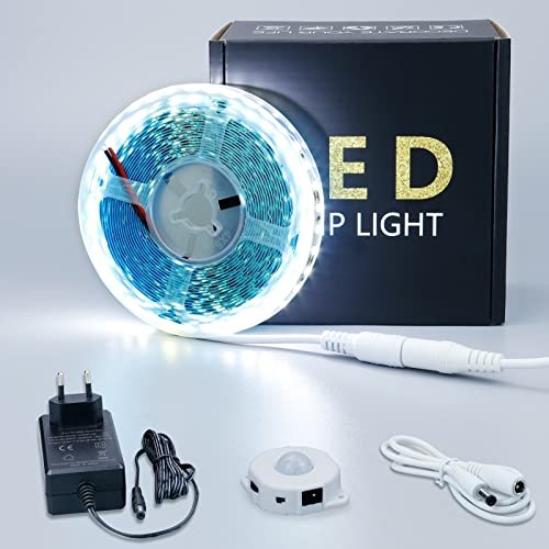 JOYLIT LED Streifen mit Bewegungsmelder 5M 6000K-6500K Kaltweiss, 12V 600LEDs SMD2835 Flexibel Selbstklebend Licht Band Super Hell, Motion Sensor Light Strip für Treppe, Speisekammer, Kleiderschrank von JOYLIT