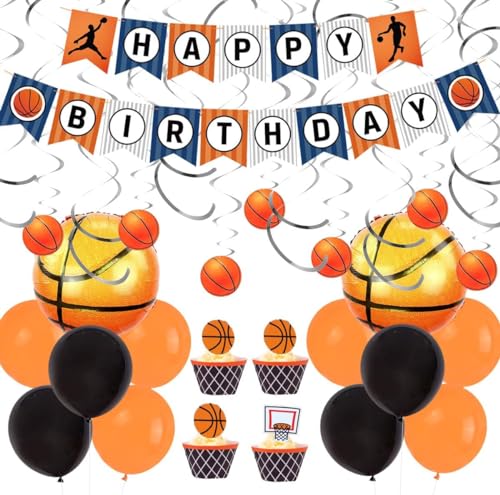 Basketball Party Supplies mit Hängend Spirale Dekor，Happy Birthday Banner und Basketball Folienballons Geburtstagstorte Topper Set for Sport Mottoparty, Jungen und Basketballfans von JOYMEMO