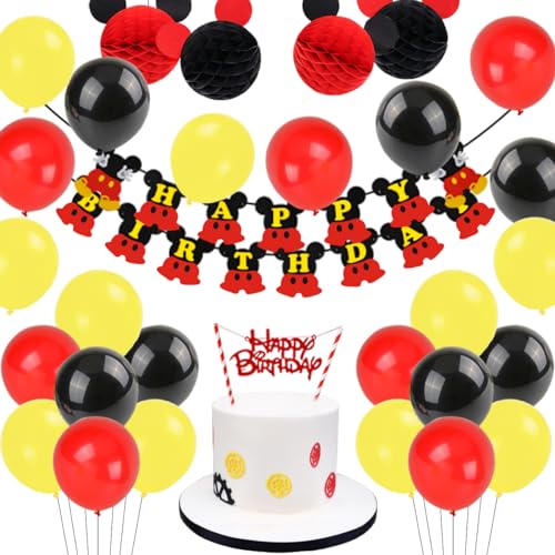 JOYMEMO Cartoon-Maus Themed Geburtstag Dekorationen, schwarz rot Cartoon-Maus Paper Honeycomb Balls, Happy Birthday Banner, Cake Topper für Cartoon-Maus Themen Party von JOYMEMO