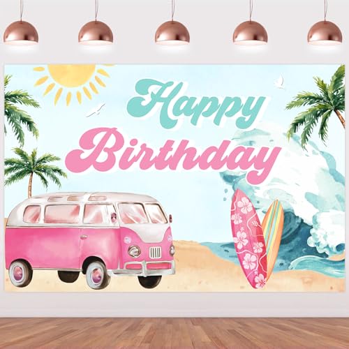 Surf Happy Birthday Backdrop - Summer Surfing Birthday Party Decorations for Girls, Surf Van Surfboard Palm Tree Beach Hawaiian Theme Photography Background 5x3ft, Swimming Pool Party Supplies von JOYMEMO