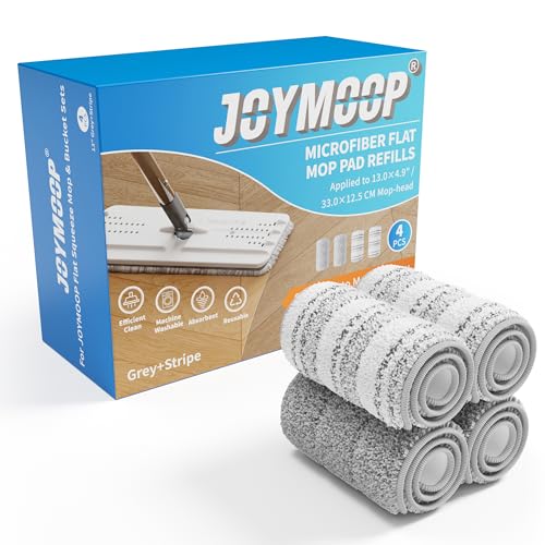 JOYMOOP Flache Wischmopp-Pads, Mikrofaser-Reinigungspads, waschbare Pads, Ersatz für JOYMOOP Flachmopp oder Mopp-Eimer-Set, Nachfüllpackungen, 33 cm, Refill 4 Pack – Grau und Streifen von JOYMOOP