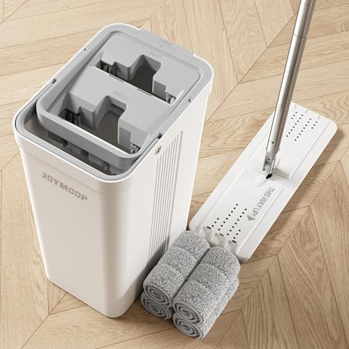 JOYMOOP Wischmopp und Eimer mit Auswringer-Set, Weiß Flach Squeeze Mop Eimer Set für Bodenreinigung, Nass Trocken Mop für Wandreiniger mit langem Griff, Hartholz-Bodenwischer mit 4 Mikrofasertüchern von JOYMOOP