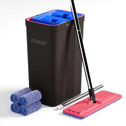 JOYMOOP Wischmopp und Eimer mit Auswringer-Set, freihändiger Flacher Bodenwischer und Eimer, mit 4 waschbaren Mikrofaser-Pads, Nass- und Trockengebrauch, Bodenreinigungssystem – Schwarz + Rot + von JOYMOOP