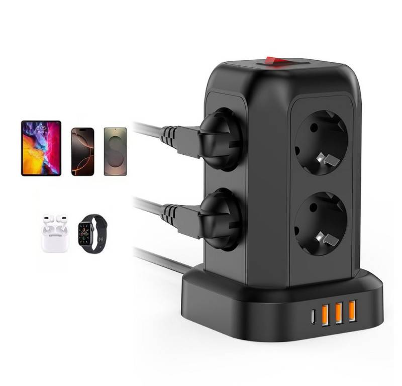 JOYOLEDER 8 Fach Steckdosenleiste Steckerleiste 10A mit 1,8M Verlängerungskabel Steckdosenverteiler 8-fach (3 USB A und 1 USB C Mehrfachsteckdose mit Schalter Überspannungsschutz, Überspannungsschutz), Steckdosenturm Mehrfachstecker für Zuhause,Büro von JOYOLEDER