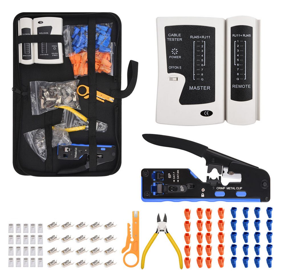 JOYOLEDER Crimpzange Werkzeug Set für Netzwerk und Telefoninstallation Set, RJ45 Crimpzange, Cat6/Cat7 Netzwerkkristallkopf, Tester, Abisolierer, Werkzeugtasche JOYOLEDER Crimpzange Werkzeug Set für Netzwerk und Telefoninstallation Set, RJ45 Crimpzange, Cat6/Cat7 Netzwerkkristallkopf, Tester, Abisolierer, Werkzeugtasche von JOYOLEDER