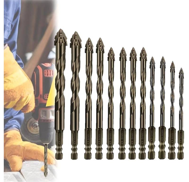 JOYOLEDER Fliesenbohrer 12-teiliger neuer vierschneidiger Sägezahn-Exzenterbohrer, (vierschneidiger gezackter Exzenterbohrer, Multifunktions-Bohrerset, 12-tlg., mit hochharten Exzenterbohrern mit schrägem Kopf, 3/4/5/6/8/10/12 mm) von JOYOLEDER