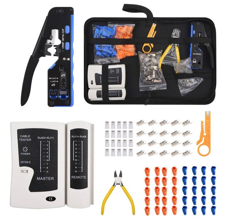 VIVIHEYDAY Gripzange Netzwerk Werkzeug Set, Pass Through RJ45 Crimpzange für Cat6 Cat7, mit 40x Cat6/Cat7 Kabel Stecker, Abisolierzange, Netzwerktester, RJ45/RJ11/RJ12 Netzwerk Reparatur Kit von VIVIHEYDAY