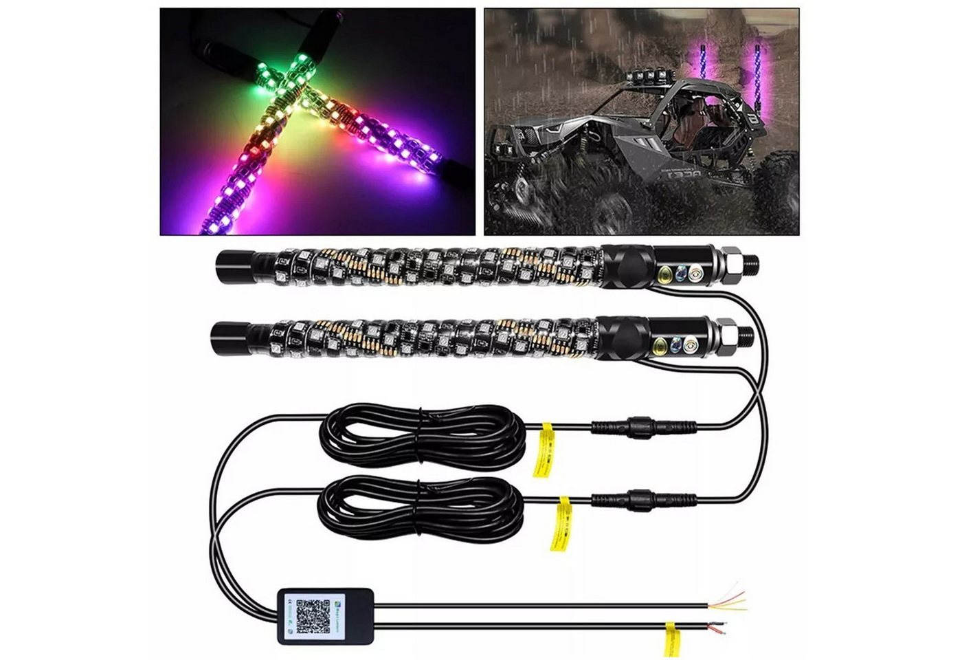 JOYOLEDER LED Dekolicht 2 STÜCKE Spiral RGB LED Peitschenlichter mit Fernbedienung, & App-Steuerung Jagen / Tanzen Licht Offroad Warnbeleuchtete, Antennenpeitschen,366 Modi für ATV UTV RZR Buggy Jeep von JOYOLEDER
