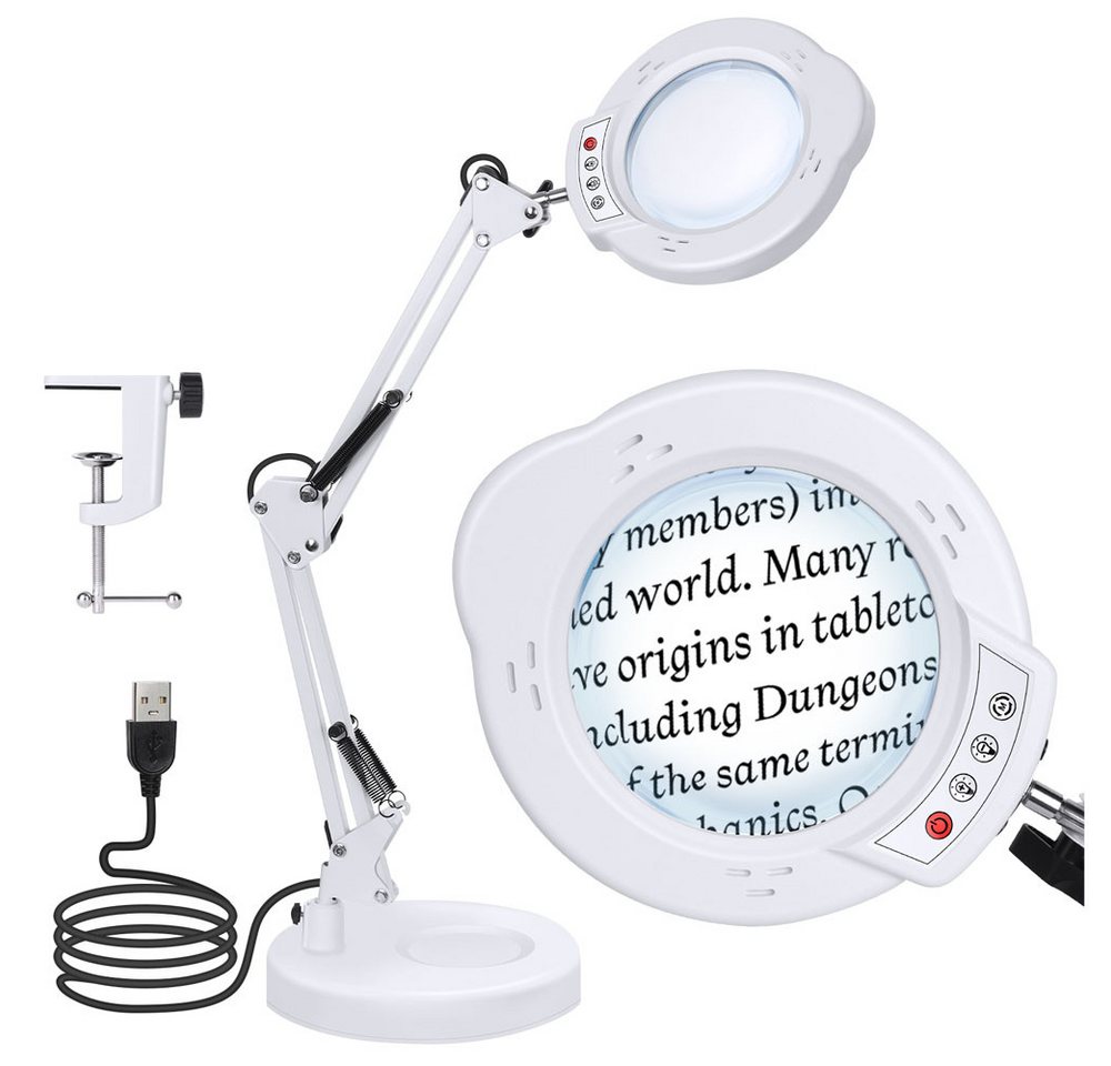 JOYOLEDER LED Klemmtischleuchte 10X Lupe mit Licht und Klemme, Schwenkarm LED lupenlampe, 5 Farbmodi stufenlos dimmen, Hände frei tischlupe, mit Beleuchtung für Handwerk Lesen Malerei von JOYOLEDER