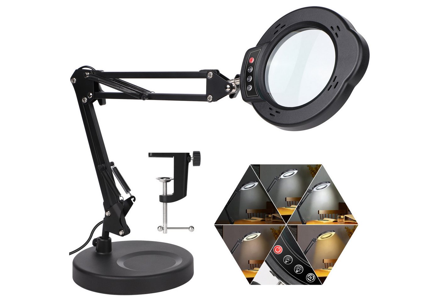 JOYOLEDER Lupenlampe 10X LED-Lupenleuchte mit Klemme & Standfuß, LED, 5 Farbmodi Stufenlos Dimmbar von JOYOLEDER