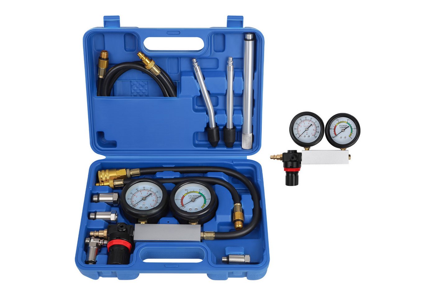 JOYOLEDER Montagewerkzeug Zylinder Leck Tester Kfz-Kit Benzinmotor Kompressionstester, (Doppelmanometer Leakdown Detector Tool Set, für Druckprüfung & Leckrate Test, 0-100PSI, 0-7Bar) von JOYOLEDER