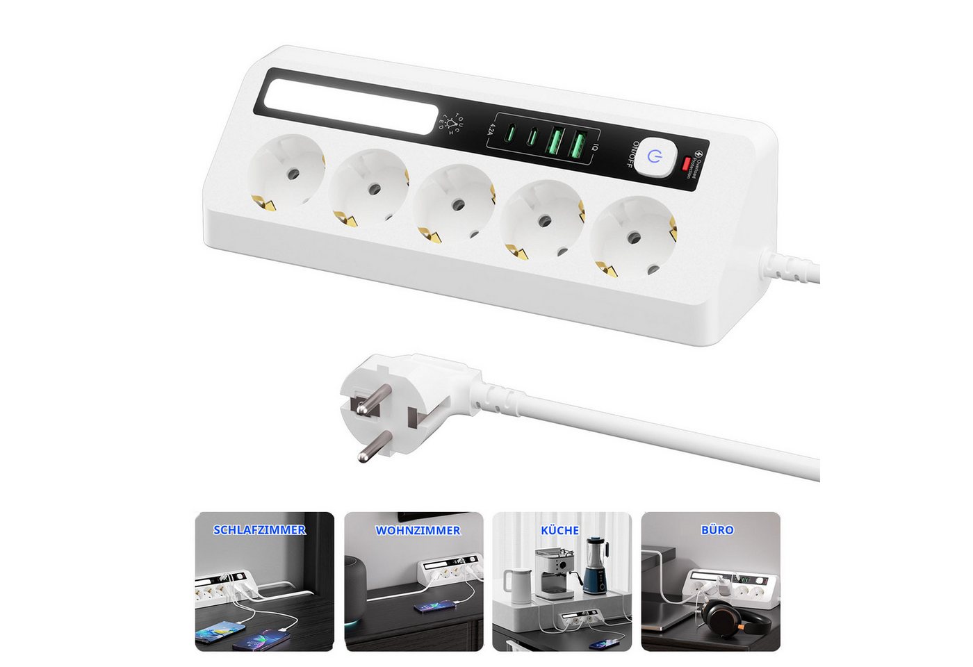 JOYOLEDER Steckdosenleiste mit 5 Fach Steckdosen + 4 USB (2USB-C &2USB-A) Steckdosenleiste (90° Ecksteckdose mit 2 Schaltern, LED-Beleuchtung), 1.8m Kabel für Küche, Büro, Haushalt​ von JOYOLEDER