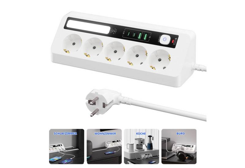 JOYOLEDER Steckdosenleiste mit 5 Fach Steckdosen + 4 USB (2USB-C &2USB-A) Steckdosenleiste (90° Ecksteckdose mit 2 Schaltern, LED-Beleuchtung), 1.8m Kabel für Küche, Büro, Haushalt​ von JOYOLEDER