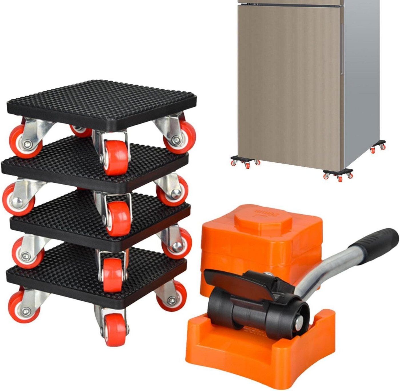JOYOLEDER Transportwagen Möbeltransport Set 4 robuste Transportroller, Möbelroller, Rollbrett, (Transporthilfe mit gummierten Long-Life-Rollen, und 1 praktischer Möbelheber), 400 kg Tragfähigkeit,Lenkrollen von JOYOLEDER