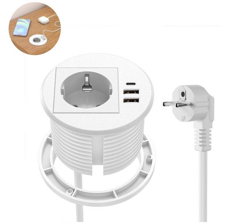 JOYOLEDER Unterputz-Steckdose Einbau steckdosenleiste mit PD 10W USB-C, Einbausteckdose, mit USB für Möbel Tischplatte, Tischsteckdose Einbau 1,7M Kabel von JOYOLEDER