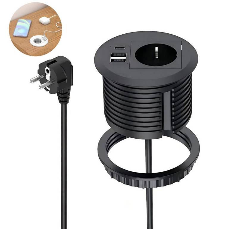 JOYOLEDER Unterputz-Steckdose Einbau steckdosenleiste mit PD 10W USB-C, Einbausteckdose, mit USB für Möbel Tischplatte, Tischsteckdose Einbau 1,7M Kabel von JOYOLEDER