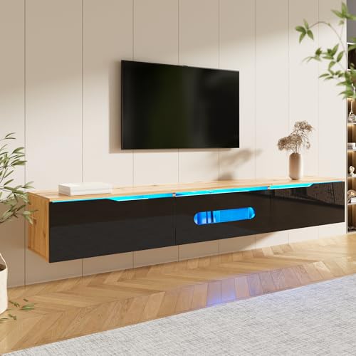 JOYRACER TV Schrank, Breite 180 cm, TV Lowboard, Stehend oder Hängend, Fernsehschrank für das Wohnzimmer, Laminierte Spannplatte, Holzfarbe der Oberseite/Front Graphit Schwarz - LED Beleuchtung JOYRACER TV Schrank, Breite 180 cm, TV Lowboard, Stehend oder Hängend, Fernsehschrank für das Wohnzimmer, Laminierte Spannplatte, Holzfarbe der Oberseite/Front Graphit Schwarz - LED Beleuchtung von JOYRACER