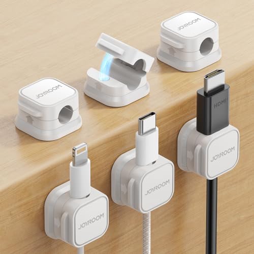 JOYROOM 6 Stück Kabelhalter Kabelclips Verstellbare Kabel Organizer Magnetische Kabelmanagement Selbstklebend Kabelhalter für Schreibtisch, Nachttisch, Ladekabeln, HDMI, USB, Audiokabel, Weiß von JOYROOM