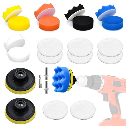 3 Zoll Polierschwämme Auto, 23 TLG Polierpads Klett, Polieraufsatz Akkuschrauber, Politur Schwamm Set mit 2 M10 Adapter Bohren für Exzenter Poliermaschine Schleifmaschine von JOYSAL