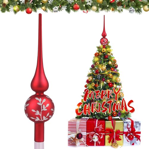 JOYUE Weihnachtsbaumspitze Glas Matt Christbaumspitze Silber 26 cm Christbaumschmuck Spitze, Weihnachtsdeko Baumspitze Rot Christmas Tree Topper, Weihnachtsbaum Stern Spitze (Rot Matt) von JOYUE