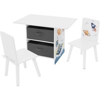 Joyz - 3tlg Kindersitzgruppe, 1 Kindertisch mit Stauraum und 2 Stühlen, Weltraum, Weiß, Kindertischgruppe Holz, Kindermöbel Set für Kinder, von JOYZ