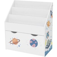 Kinder Bücherregal, Weltraum, 62,5x30x70 cm, Weiß, Spielzeugregal, Kinderregal mit 3 Fächern und herausziehbarer Spielzeugkiste mit Rollen, Kinder Bücherregal, Weltraum, 62,5x30x70 cm, Weiß, Spielzeugregal, Kinderregal mit 3 Fächern und herausziehbarer Spielzeugkiste mit Rollen, von JOYZ