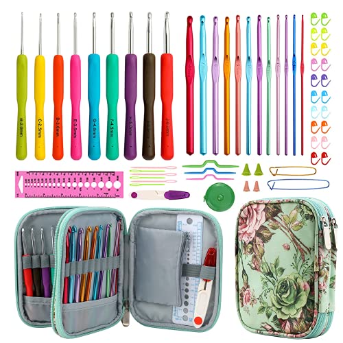 JOZEA Neues Set mit 53 ergonomischen Häkelnadeln im Etui, 9 Stück Gummigriffhaken 2.0MM-6MM und 8 Stück Bambushaken 1.0MM-2.75MM Comfort Grip für arthritische Hände-Accessoris inklusive von JOZEA