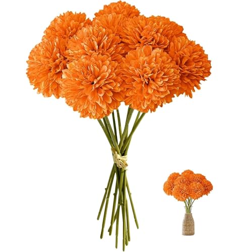 JOZMMZEOOA 12 Stück Hortensien Kunstblumen,Künstliche Hortensien Plastikblumen Kunstblumen Seiden Kugel-Chrysanthemen Seide Pompon Chrysantheme Dekoblumen,für Hochzeits Deco,Heimdeko,Büro (Orange) von JOZMMZEOOA