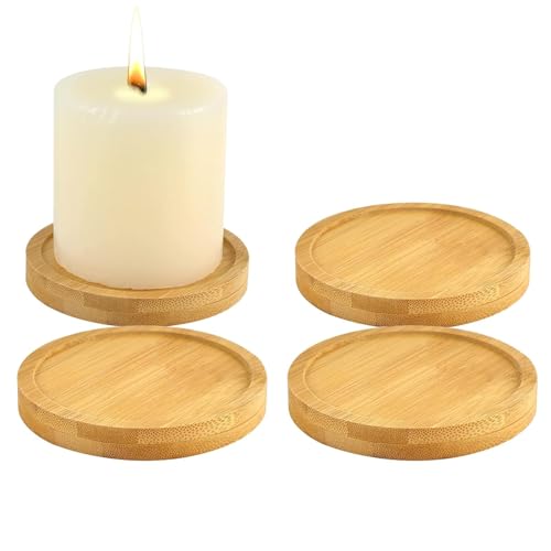 JOZMMZEOOA Kerzenteller Holz,4 Stücke Kerzenuntersetzer Untersetzer 8CM Holzuntersetzer Rund Kerzenhalter Taufe Stumpenkerzen Kerzenständer Tischdekoration, für Hochzeit Haus Dekotablett von JOZMMZEOOA