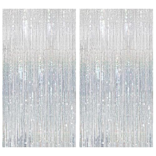 JOZMMZEOOA Lametta Vorhang,2 Stücke Party Glitzervorhang 1M X 2M Lametta Fransenvorhang Disco Deko Glitzer Vorhang Folien Fransen Hintergrund,für Hochzeit Geburtstagsfeier Weihnachten (Silber) von JOZMMZEOOA