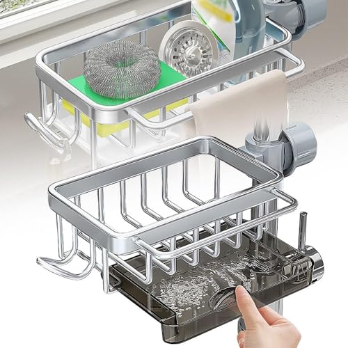 JOZMMZEOOA Spülbecken Organizer,mit Haken Schwammhalter Küche Spülbecken Spüllappenhalter Ohne Bohren Spülbecken Organizer Hängend mit Ablaufwanne,für Küchenzubehör Schwamm (Silber) von JOZMMZEOOA