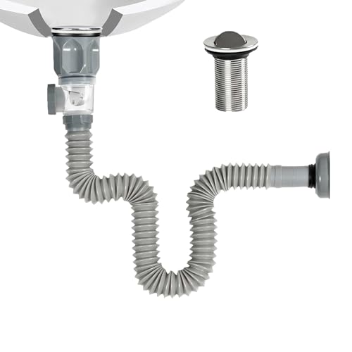 Siphon Waschbecken Kit 1–1/2 Zoll (1,45 Zoll) Waschbecken Ablaufgarnitur Kit mit Flexibler Ablaufschlauch Waschbecken Abfluss AbflussrohrKit, Badezimmer Küchen Ausziehbar 300-1000MM(Grau) von JOZMMZEOOA