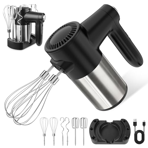 JOZZVE Kabelloser Handmixer, Digitalanzeige 7 Geschwindigkeiten Aufladbarer Elektrischer Mixer mit 6 Edelstahl Zubehören Schneebesen Quirle Knethaken & Aufbewahrungssockel, Rührgerät von JOZZVE