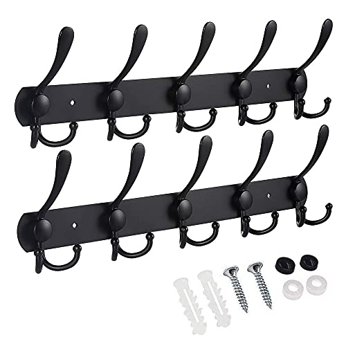 JPGhaha Kleiderhaken Garderobenhaken Edelstahl 15 Haken Hakenleiste Wandgarderobe Max15kg Klassisch Garderobenleiste Matt Schwarz mit Schrauben für Badezimmer Wohnzimmer 2 Stück(41 X 13CM) von JPGhaha