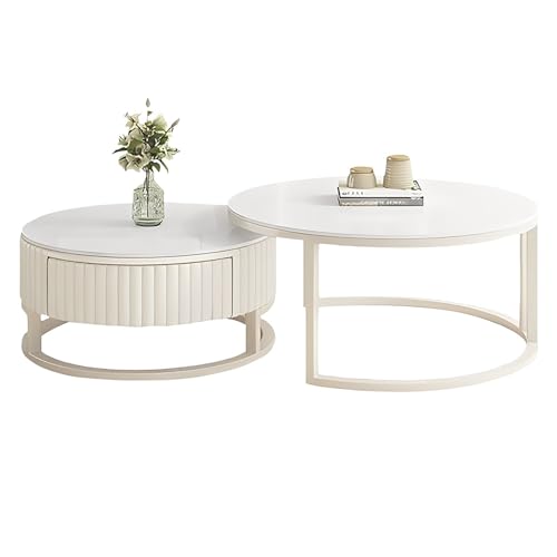 JPQTRYDRIS 50+70cm Couchtisch 2er Set Rund Beistelltisch Weiss Sofatisch Modern Couchtisch Nesting Wohnzimmertisch Set Mit Schublade, Metallgestell JPQTRYDRIS 50+70cm Couchtisch 2er Set Rund Beistelltisch Weiss Sofatisch Modern Couchtisch Nesting Wohnzimmertisch Set Mit Schublade, Metallgestell von JPQTRYDRIS
