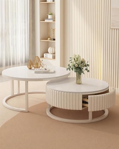 JPQTRYDRIS Couchtisch Rund Wohnzimmertisch 2er Set Coffee Table Weib Sofatisch Kaffeetisch Nested Beistelltisch Für Wohnzimmer, Balkon Und Büro, Metallgestell JPQTRYDRIS Couchtisch Rund Wohnzimmertisch 2er Set Coffee Table Weib Sofatisch Kaffeetisch Nested Beistelltisch Für Wohnzimmer, Balkon Und Büro, Metallgestell von JPQTRYDRIS