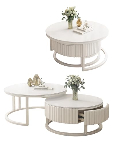 JPQTRYDRIS Runder Couchtisch 2er Set, Moderne Hochglanz Marmormuster Nested Satztische, Rund Kaffeetisch Beistelltisch Sofatisch Set Mit Schublade, Für Schlafzimmer Wohnzimmer von JPQTRYDRIS