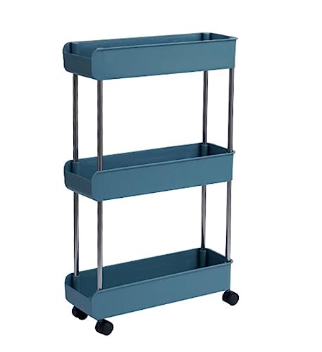 JPXXFM Küchenlagerständer Plastik Rolling Cart Trolley Schlafzimmer Snacks Karren Badezimmer Küchenlagerstange mit Rädern Heimstehend Regal Rolling Storage Cart (Blue-3-Stufe, Breite 13 cm) von JPXXFM