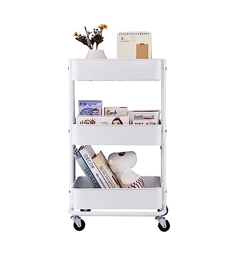 JPXXFM Küchenspeicher Rack 3 Tier Metall Rolling Cart mit Rädern Utility Cart Storage Organizer Trolley Cart Küchenlagerwagen für Bad Rolling Storage Cart (weiß) von JPXXFM