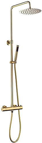 Duschsystem Mit Thermostat Regendusche, Aufputz Duschmischer Ventil Bad Wandmontage Duscharmatur Set Einstellbar 10" Duschkopf Mit Handbrause Mit Schlauch Und Halterung Set,Gold von JQFDD