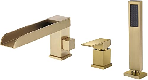 JQFDD Wannenarmatur Wasserfall Badewannenarmatur mit Handbrause, 3 Löcher Einhebel Wannenbatterie Messing Badewanne Wasserhahn Deck Montiert Wannenmischer für Badezimmer,Brushed Gold von JQFDD