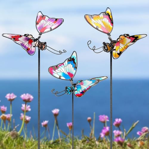 JQTOP 3 Stück Schmetterling Garten Holzflor Dekoration 20 Zoll Mutter Glas und Metall Innenhof Kunst Dekoration Ideal Outdoor Rasen Trail Hof Pflanztopf Blumenbeet von JQTOP