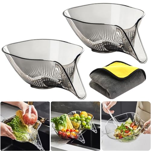 JQUAL 2 Stück Multifunktionaler Abtropfkorb, Multifunktionaler Abflusskorb, Abtropfkorb-Trichter, Multi-Functional Drain Basket, Obst Gemüse Abtropfschale (Grau) von JQUAL