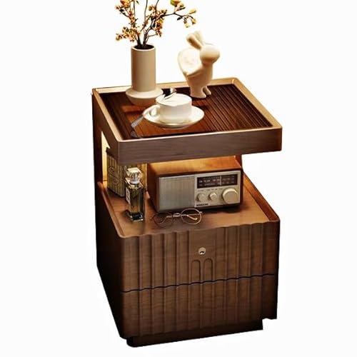 JRHTD ﻿Nachttisch mit Abschließbare Schublade, Couchtisch Nachtschrank mit Steckdose, Wohnzimmertisch modern, 35 * 40 * 55cm(Walnut) von JRHTD