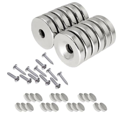 32Stk Neodym Magnete Extra Stark Set, Multifunktions Senkkopf Rundmagne Topfmagnet, Permanente Seltene Erde Magnete mit 12 Schrauben, Orbicular Magnet zum Anschrauben für Badezimmer Küchen(5mm/10mm) von JRJRN