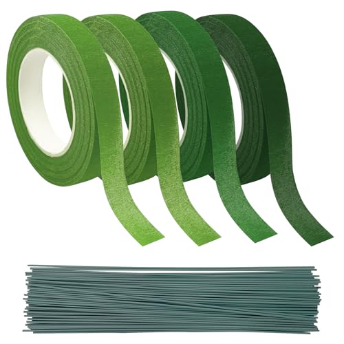 4 Rollen Floristen-Klebeband, Papier Blumenband, Blumen-Band mit 100 Blumendrahtstielen, Floristen Wickelband, Grüne Blumenklebeband Selbstklebend zum Einwickeln von Blumensträußen, DIY-Basteleien von JRJRN